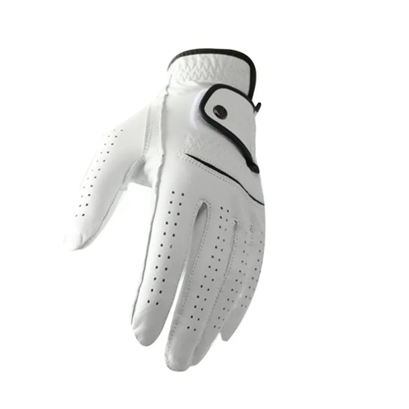 White men's golf glove showing half sheepskin leather palm on a hand.