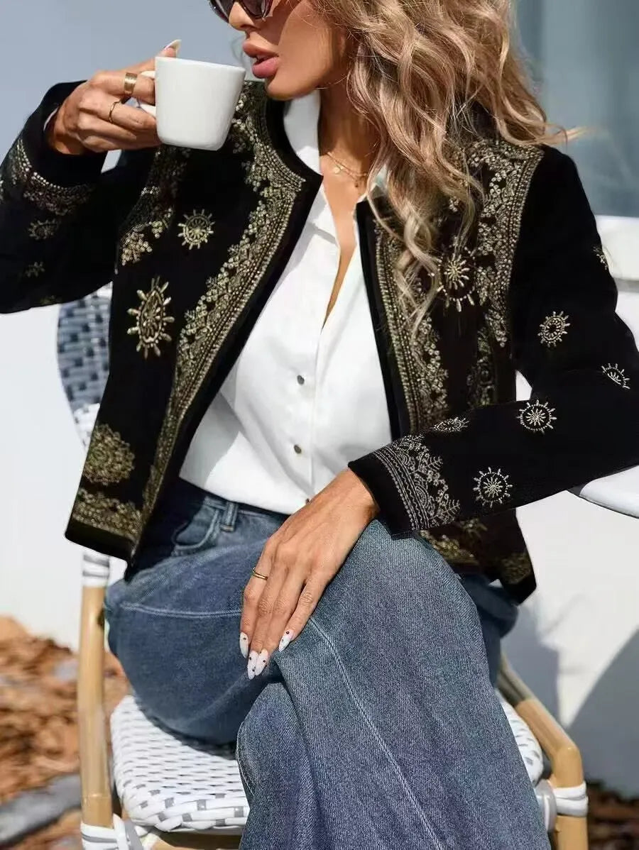 Women's casual printed hooded coat long sleeve round neck British style in milk silk polyester blend