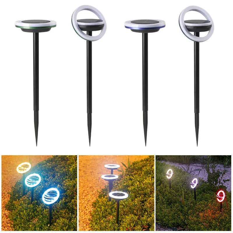 12LED rotating solar lawn light with IP65 rating in a garden setting, white light option, 103x103x340mm spike