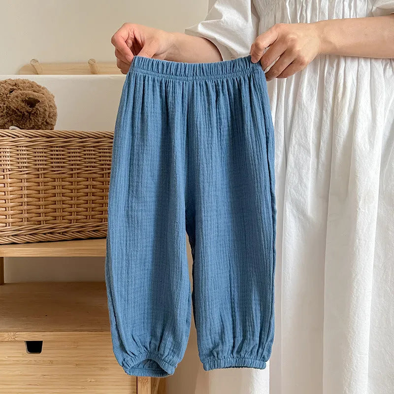 Thin cotton girls pajama pants in lake blue, mid waist, suitable height 120cm, soft fabric