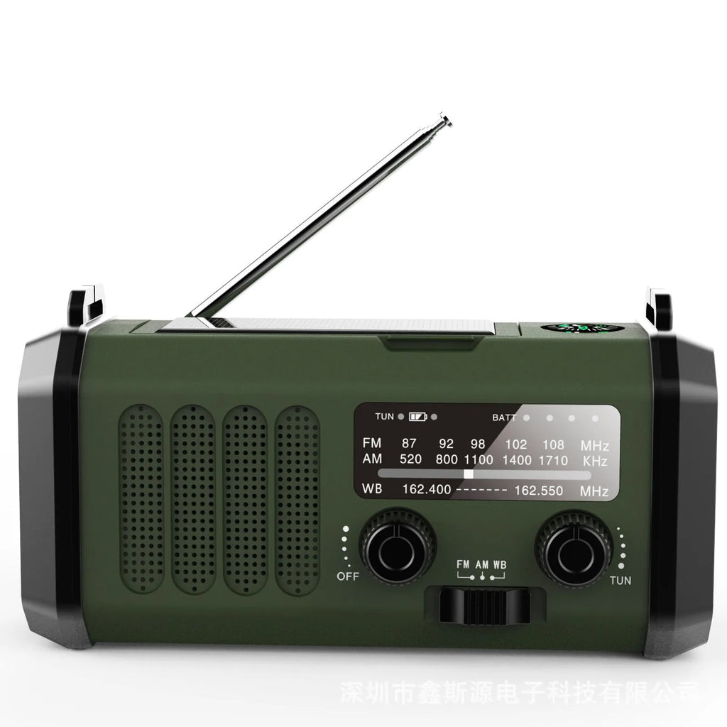 Outdoor emergency solar charging flashlight radio with ABS housing, 16x6x8.5cm, in army green, showing front panel with screen and speaker