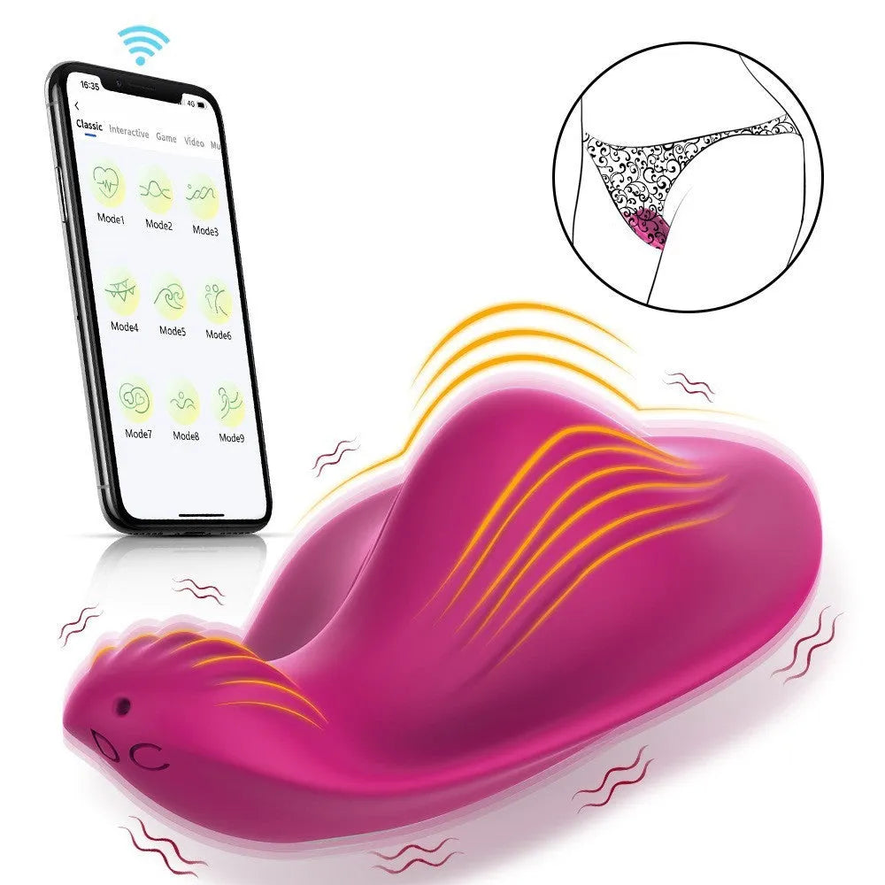 Rose red silicone butterfly vibrator with wearable design and smartphone app remote control