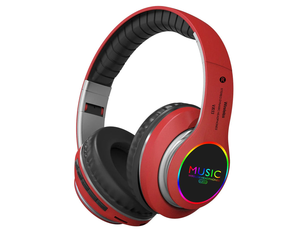 Folding LED wireless over-ear Bluetooth sports headphones in black with 400mAh battery and FM radio