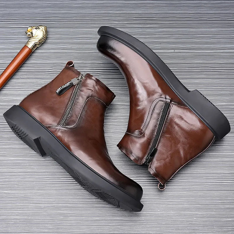 Men's genuine leather Chelsea boots in brown, non-slip rubber sole, round toe, side zipper