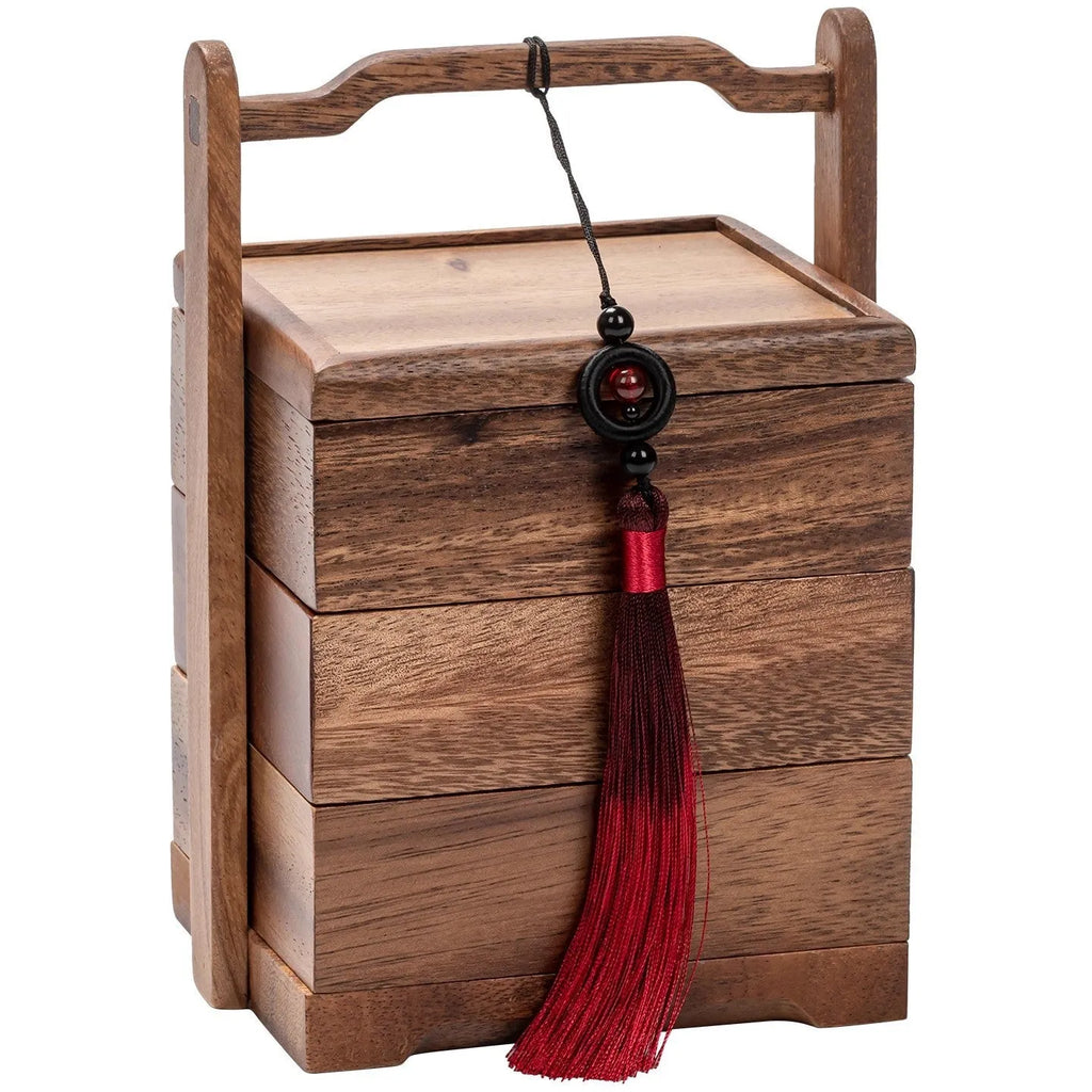 Solid wood snack tray in burlywood with multiple grid compartments for candy and trial portions