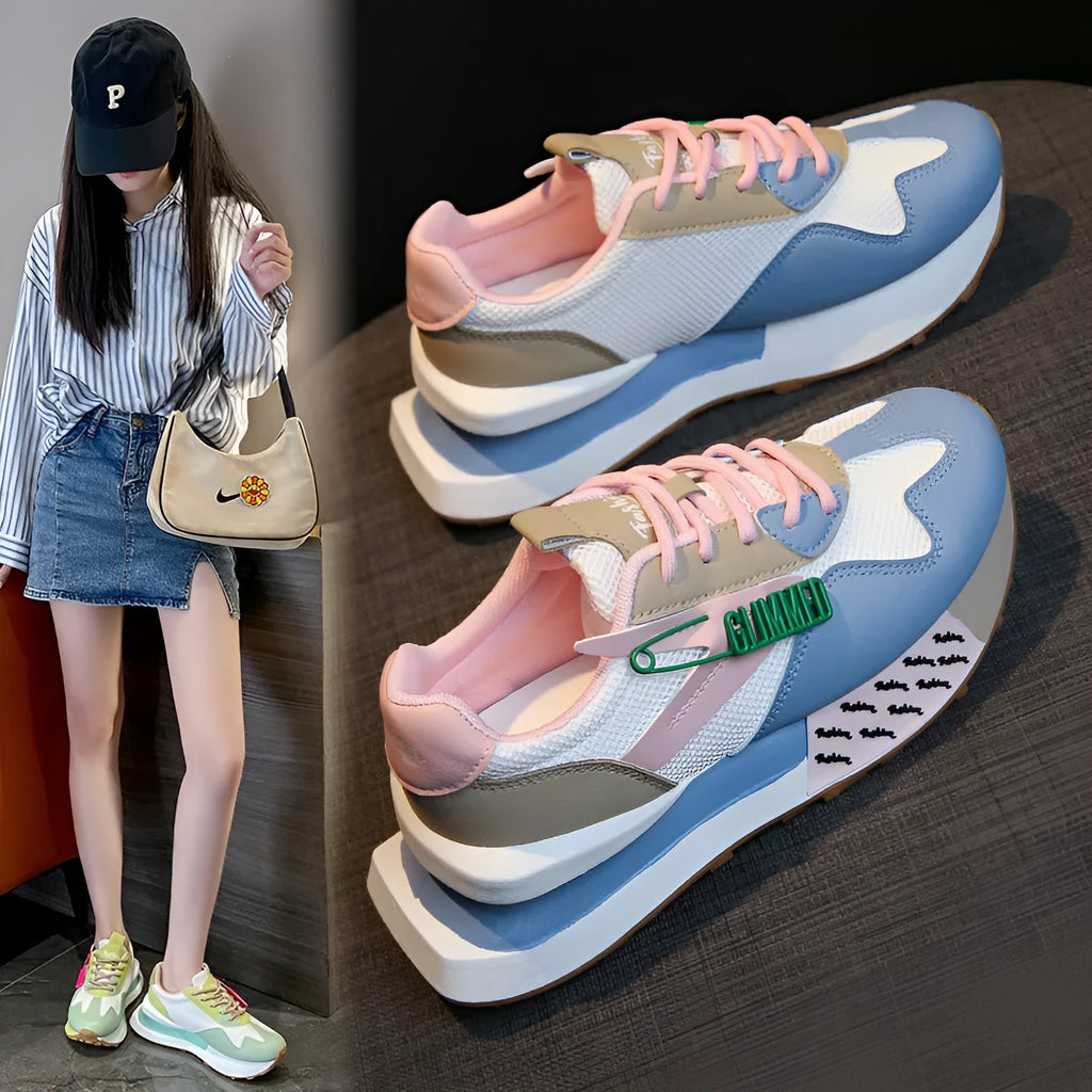 Women's breathable faux leather trainers with 3-5cm mid heel, mesh lining, rubber sole, in yellow green blue