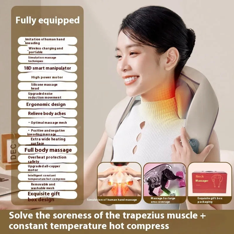 Blue foldable electric neck and shoulder massager with heating function on a table