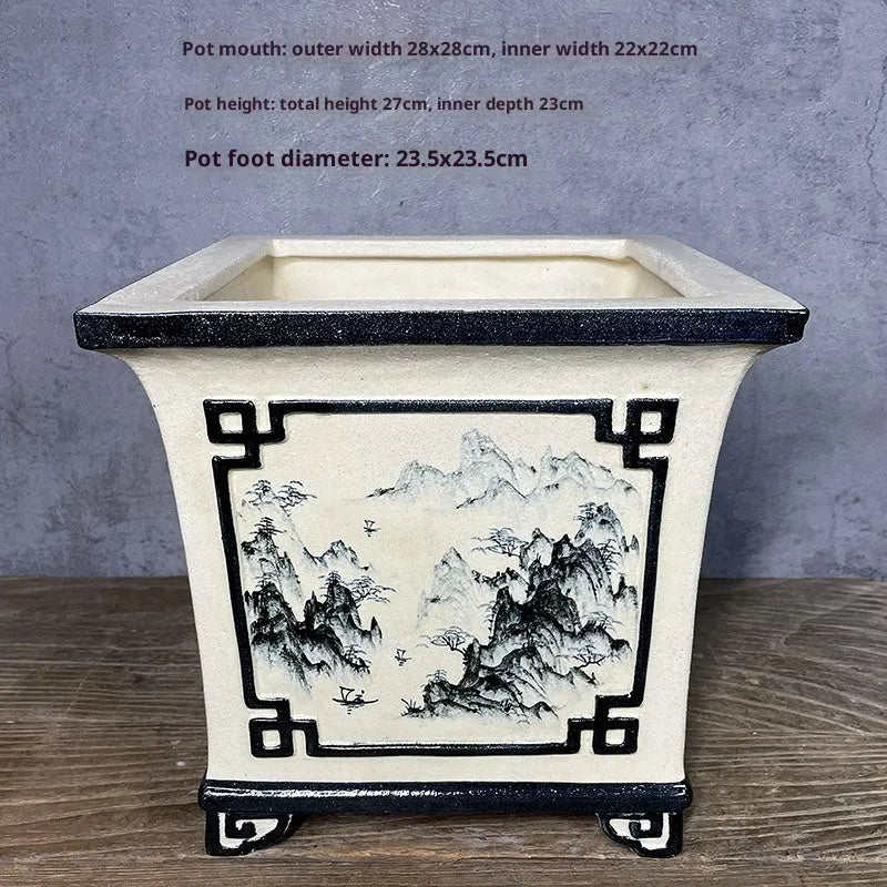 Ceramic flower pot with hand-painted landscape scenery in Chinese style, glazed finish
