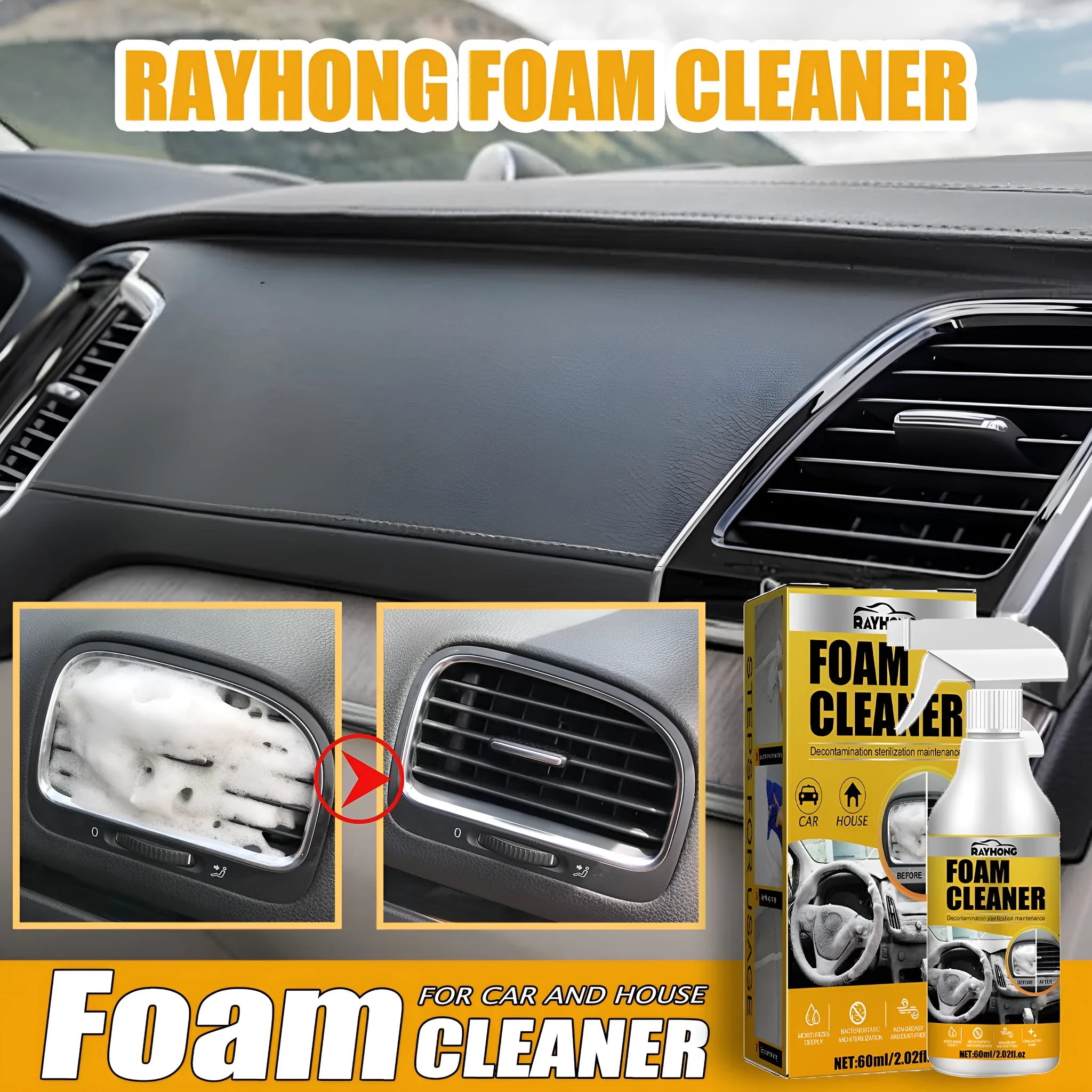 60ml car interior foamed cleaner with 10x10cm sponge in 6x6x11cm box
