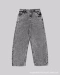 Grey loose fit straight-leg denim trousers on a mid-waist hanger