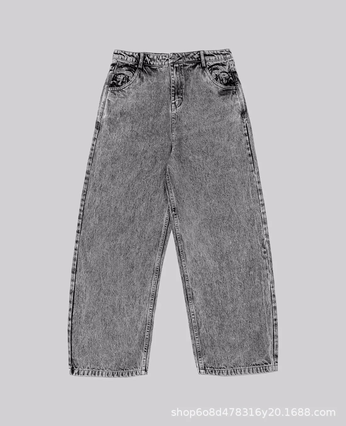 Grey loose fit straight-leg denim trousers on a mid-waist hanger
