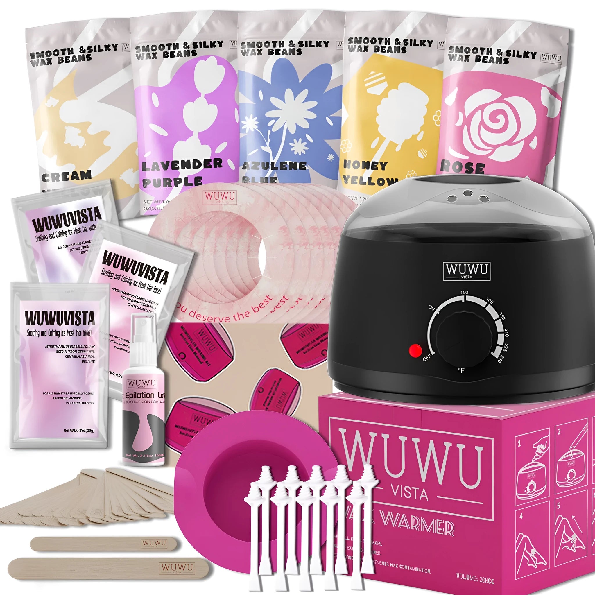 Black or pink professional waxing kit with wax warmer, hard wax beans, applicator sticks and post-care products