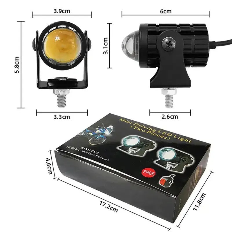 Motorcycle auxiliary spotlight with two-colour lens options, showing aluminium and polycarbonate housing.