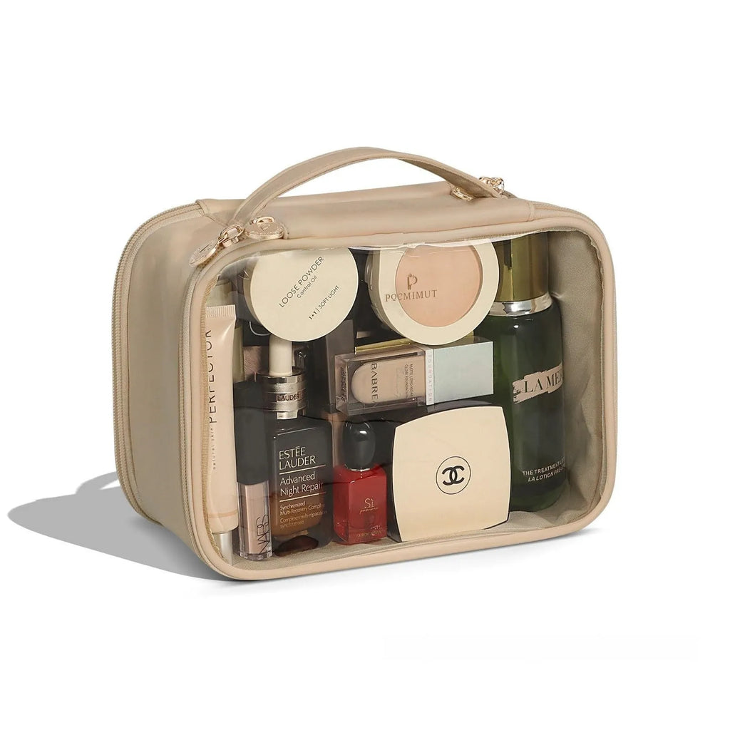 Transparent PVC leather cosmetic bag in Apricot colour with waterproof lining for travel storage.