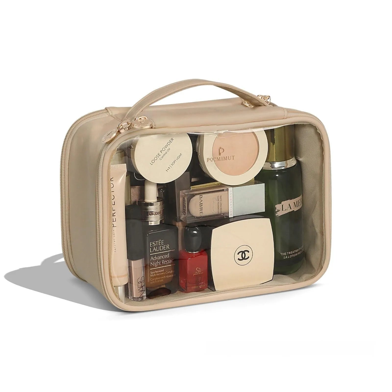 Transparent PVC leather cosmetic bag in Apricot colour with waterproof lining for travel storage.
