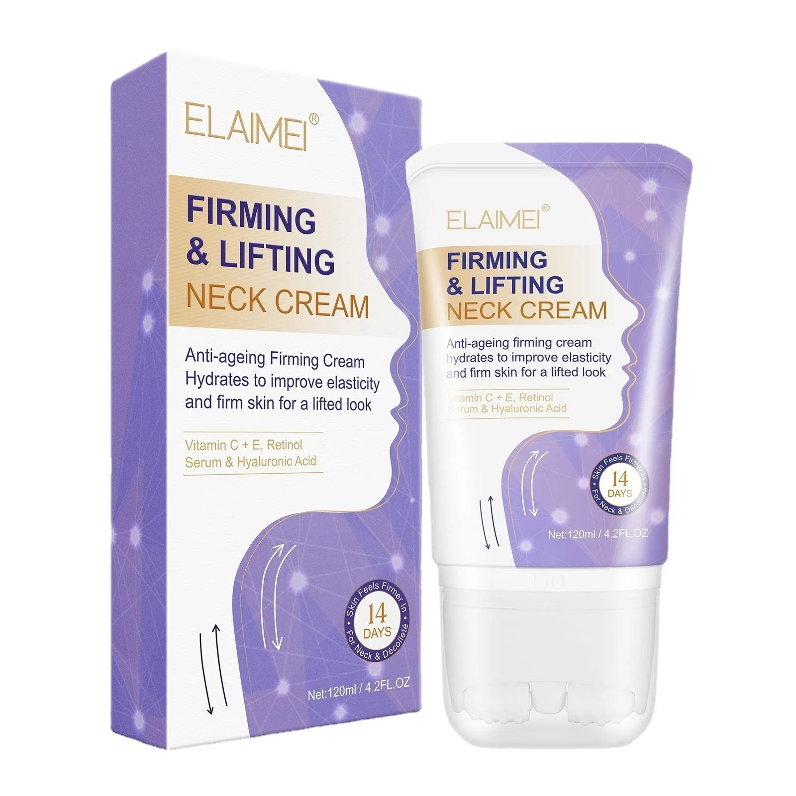 Purple bottle of anti-aging neck cream with multi-ball massage roller on neck