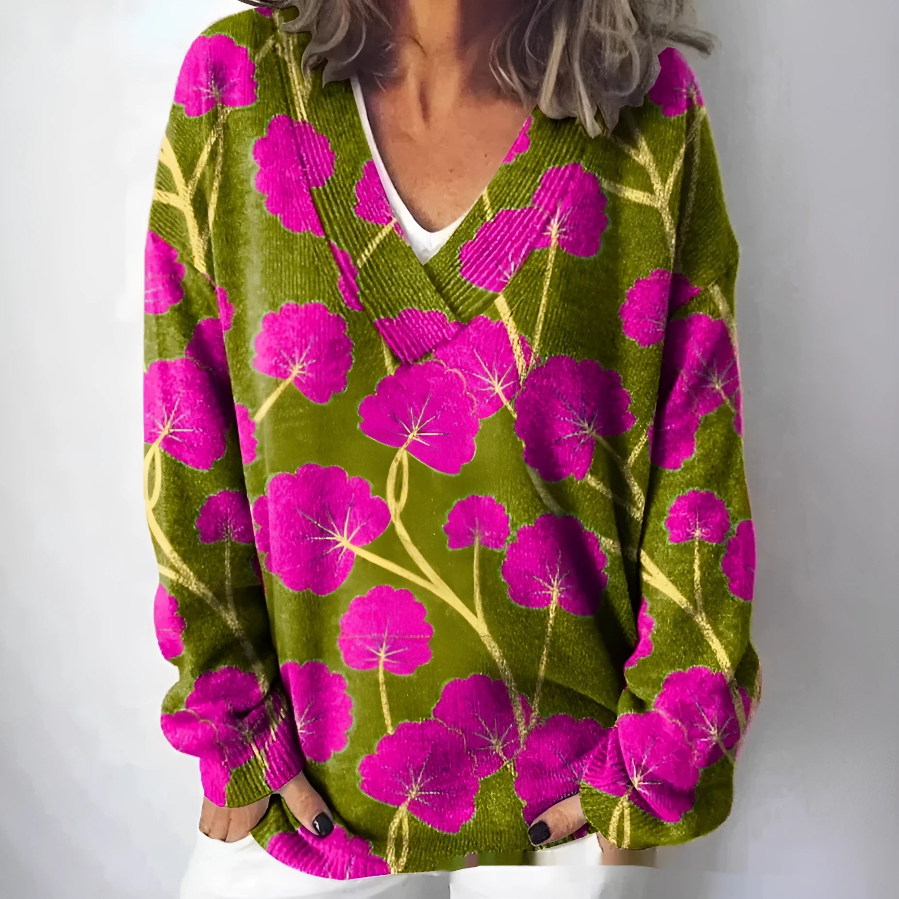 Women's V-neck floral print sweatshirt with 3D effect and long sleeves in an art retro style.