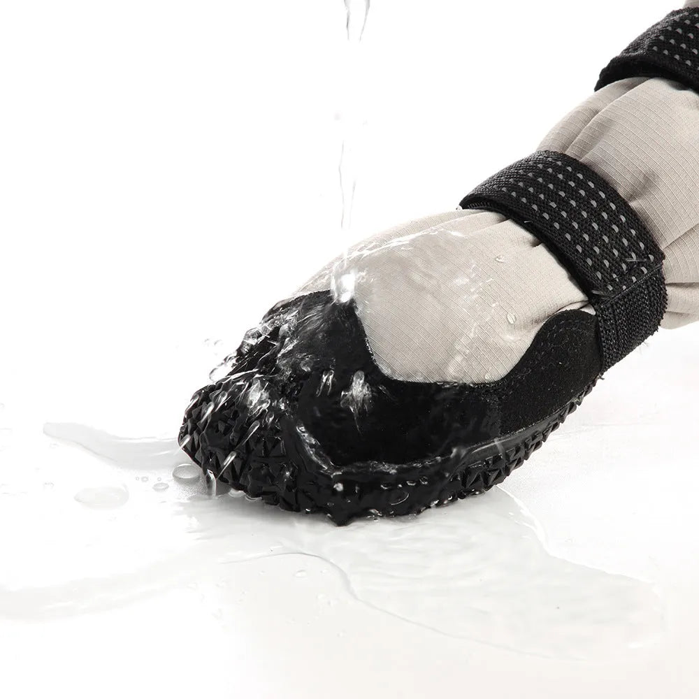 Winter warm dog boots with thickened long velvet lining, black, set of two boots on grey background