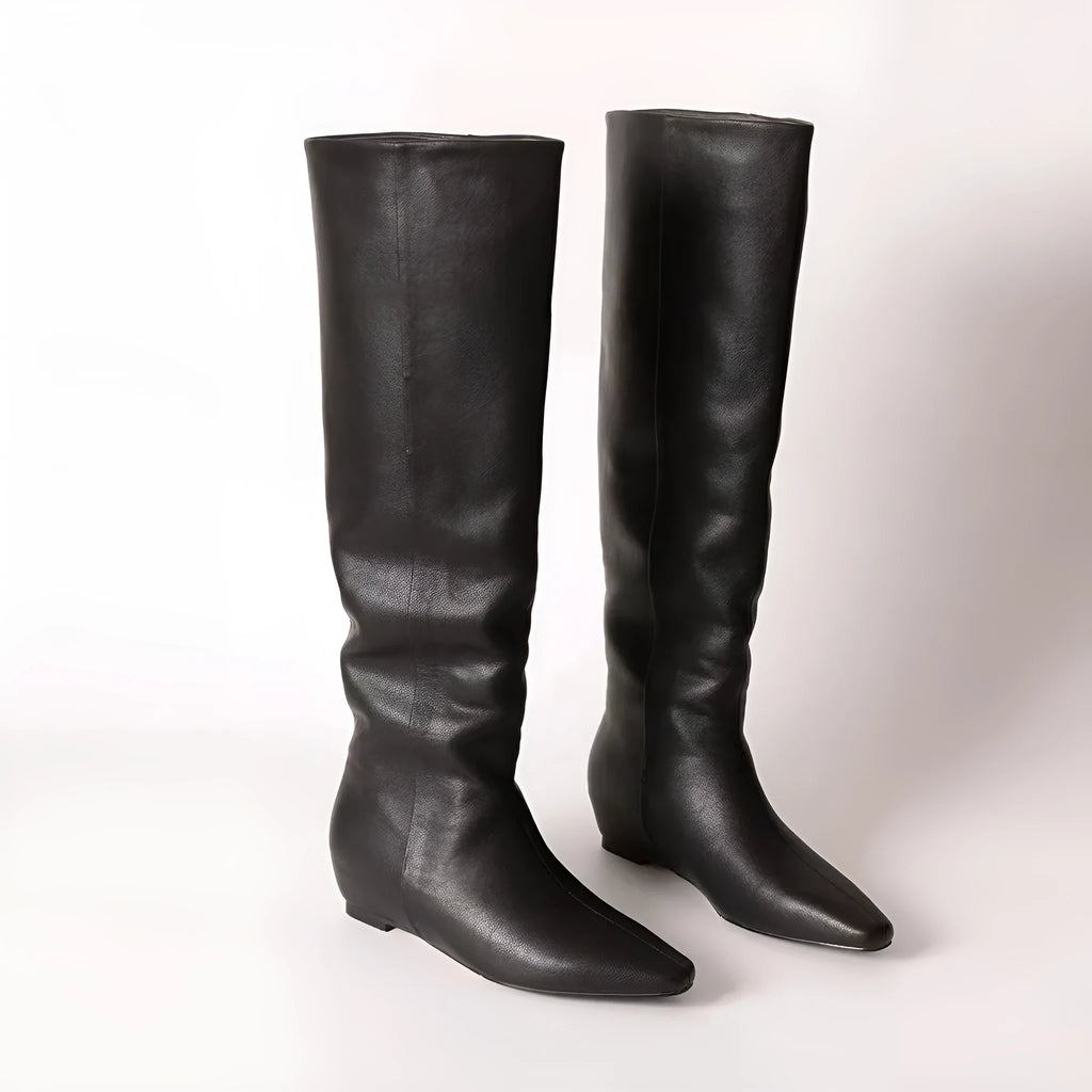 Retro style square toe tall knight boots in black with mid heel and cowhide upper