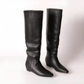 Retro style square toe tall knight boots in black with mid heel and cowhide upper