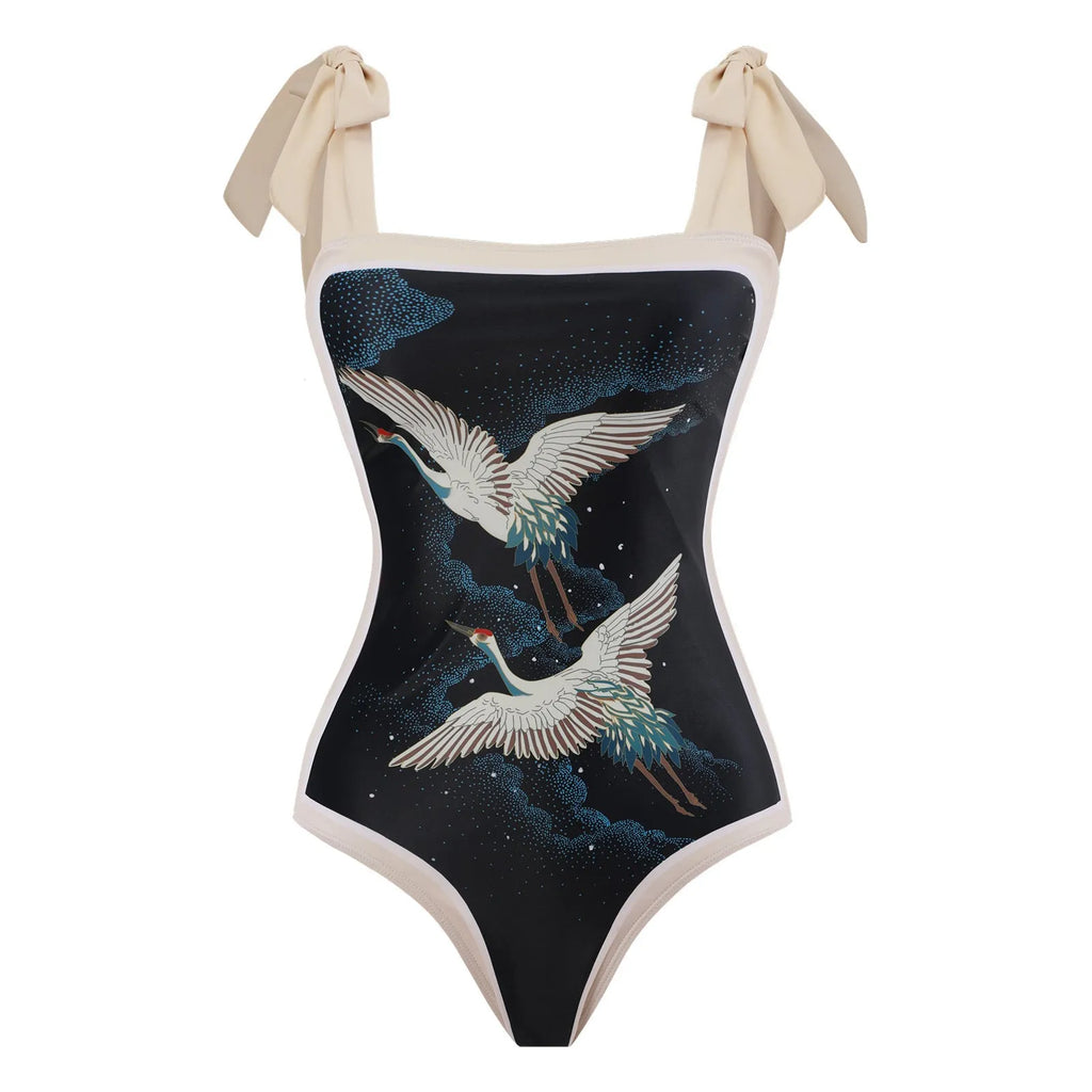 Women's retro floral one-piece swimsuit with a lightweight chiffon skirt.