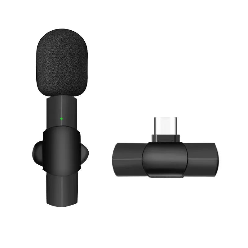 Black wireless lavalier microphone with moving coil technology and omnidirectional pickup for mobile recording