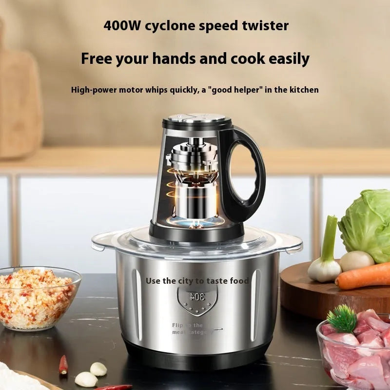 2L stainless steel semi-automatic meat grinder with adjustable speed knob on countertop