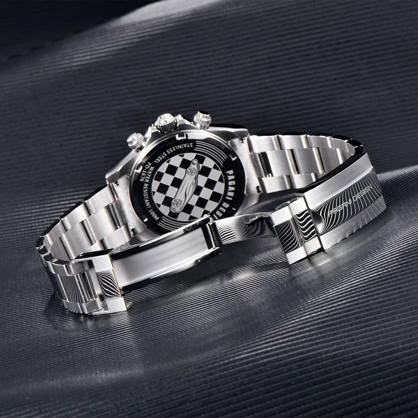 Berjani men's chronograph watch with black dial and stainless steel bracelet showing chronograph subdials