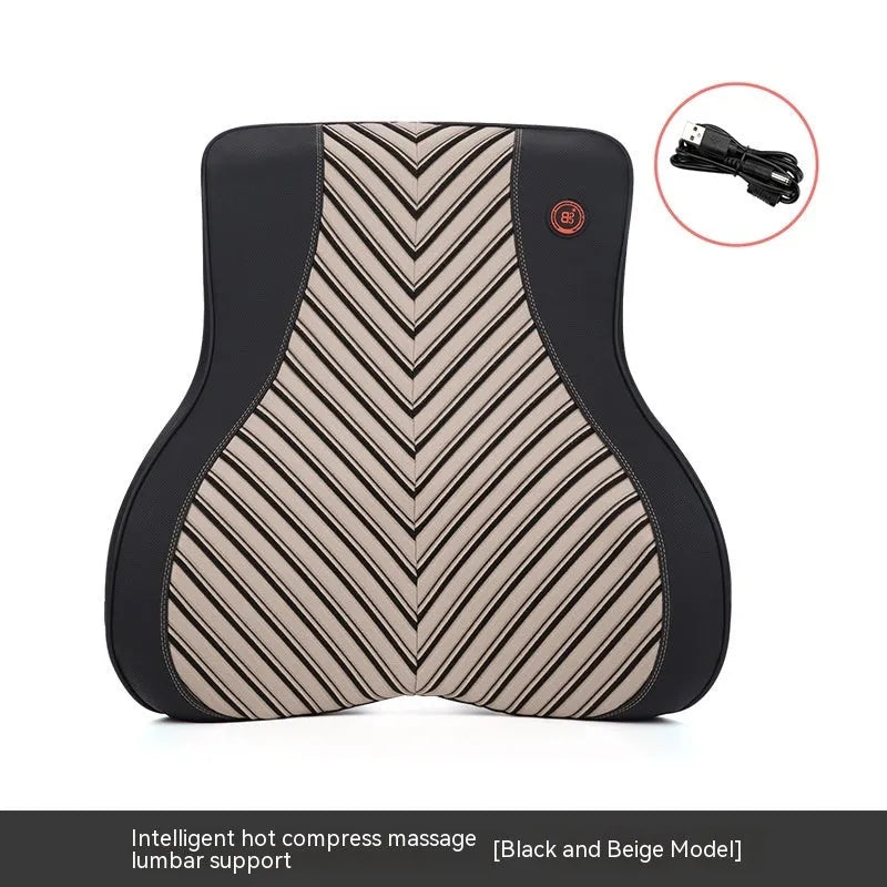 Car electric massage heating headrest and lumbar support cushion in black and orange colour
