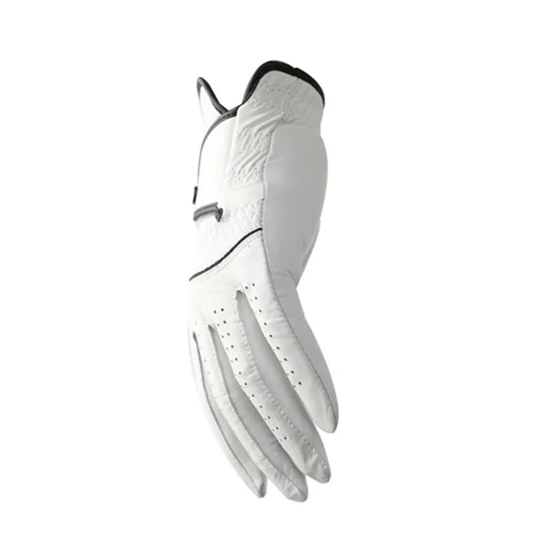 White men's golf glove showing half sheepskin leather palm on a hand.