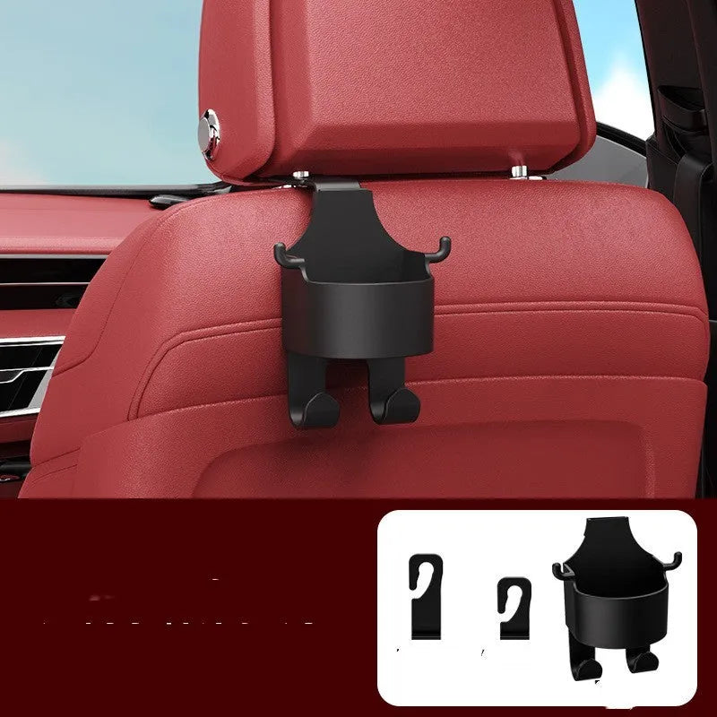 Black plastic car seat back organiser with a cup holder and two hanging hooks