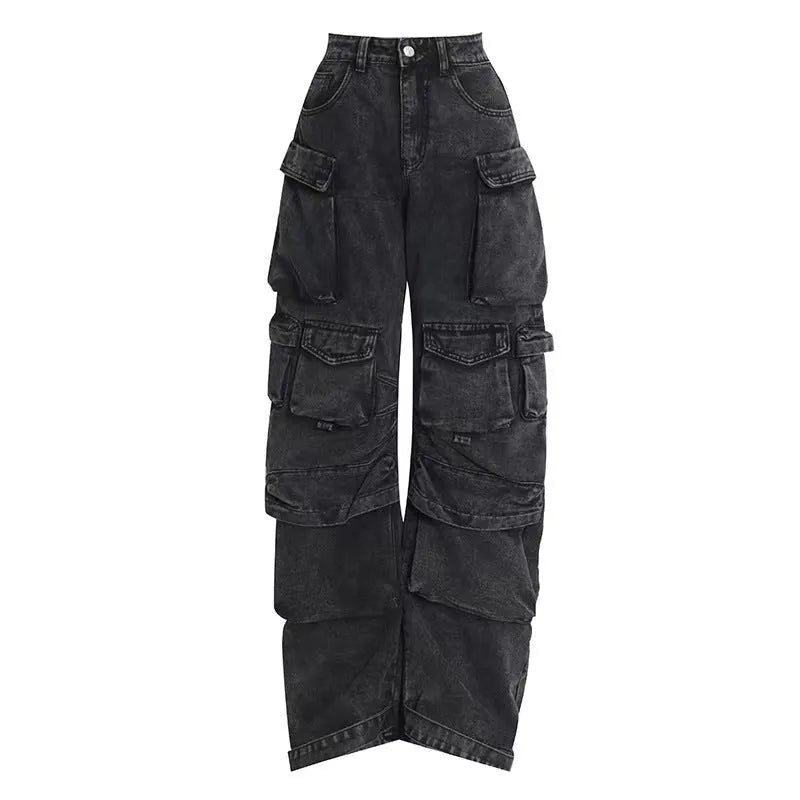 Women's high waist tie-dyed denim trousers with wide leg silhouette and multiple pockets in street hipster style