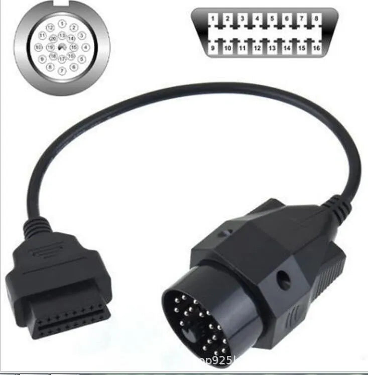 BMW 20-pin to standard 16-pin OBD2 diagnostic adapter cable on a white background