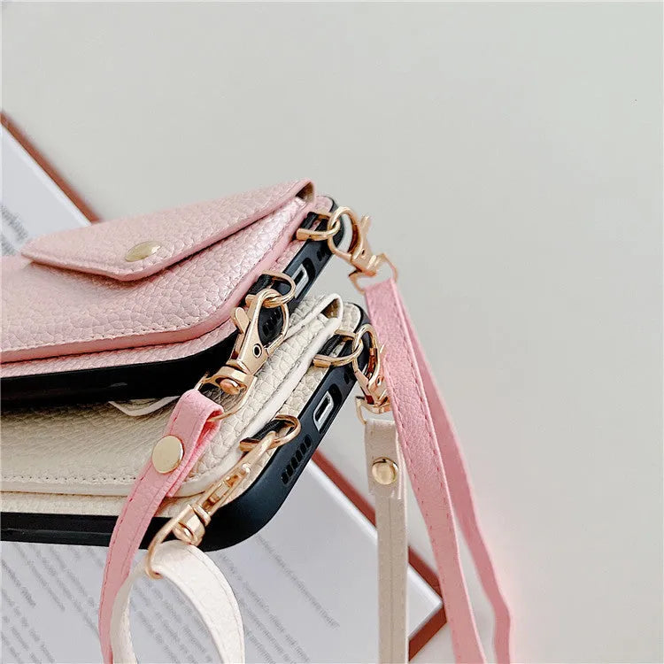 Lychee pattern envelope card holder phone case with long rope in black showing diagonal card slot and lychee texture