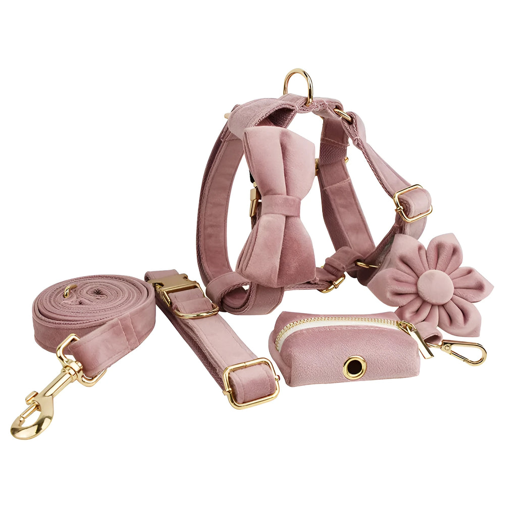 Light purple pink velvet adjustable dog collar with optional matching leash and accessory set.