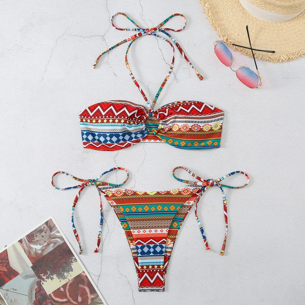 Women's halter neck split bikini swimsuit in polyester fabric with brief style