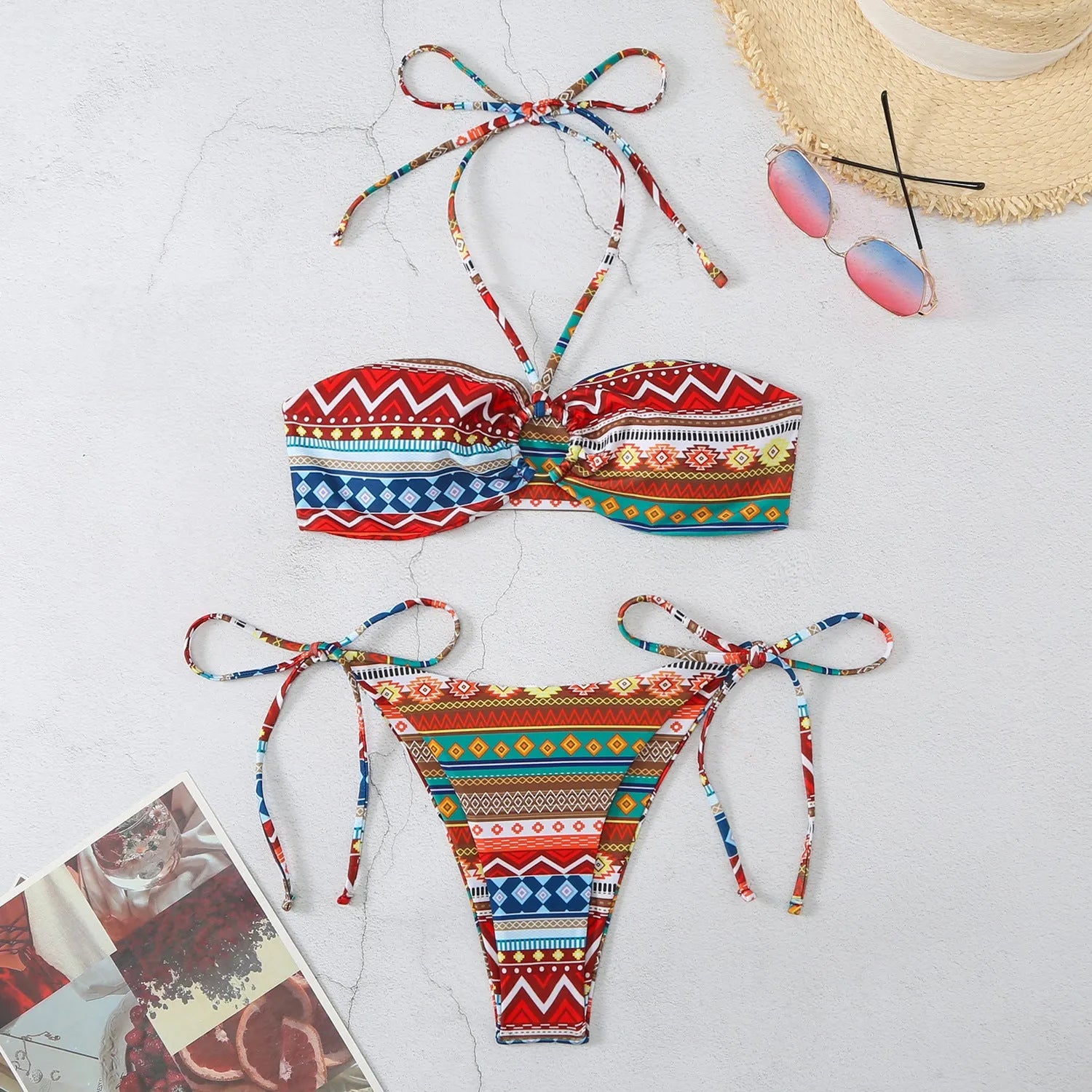 Women's halter neck split bikini swimsuit in polyester fabric with brief style