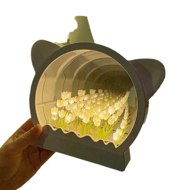 DIY cat head-shaped night lamp covered with handmade tulip flowers in various colours