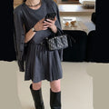Women's grey art retro vest skirt and long sleeve cardigan two-piece set with belt.