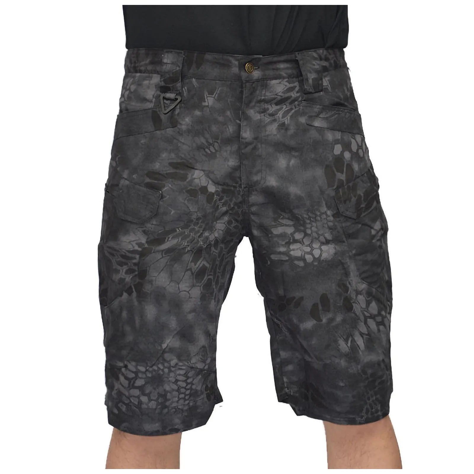 Men's tactical cargo shorts in black camouflage with multiple pockets, straight-leg cut, cotton blend fabric, Improved Version IX7