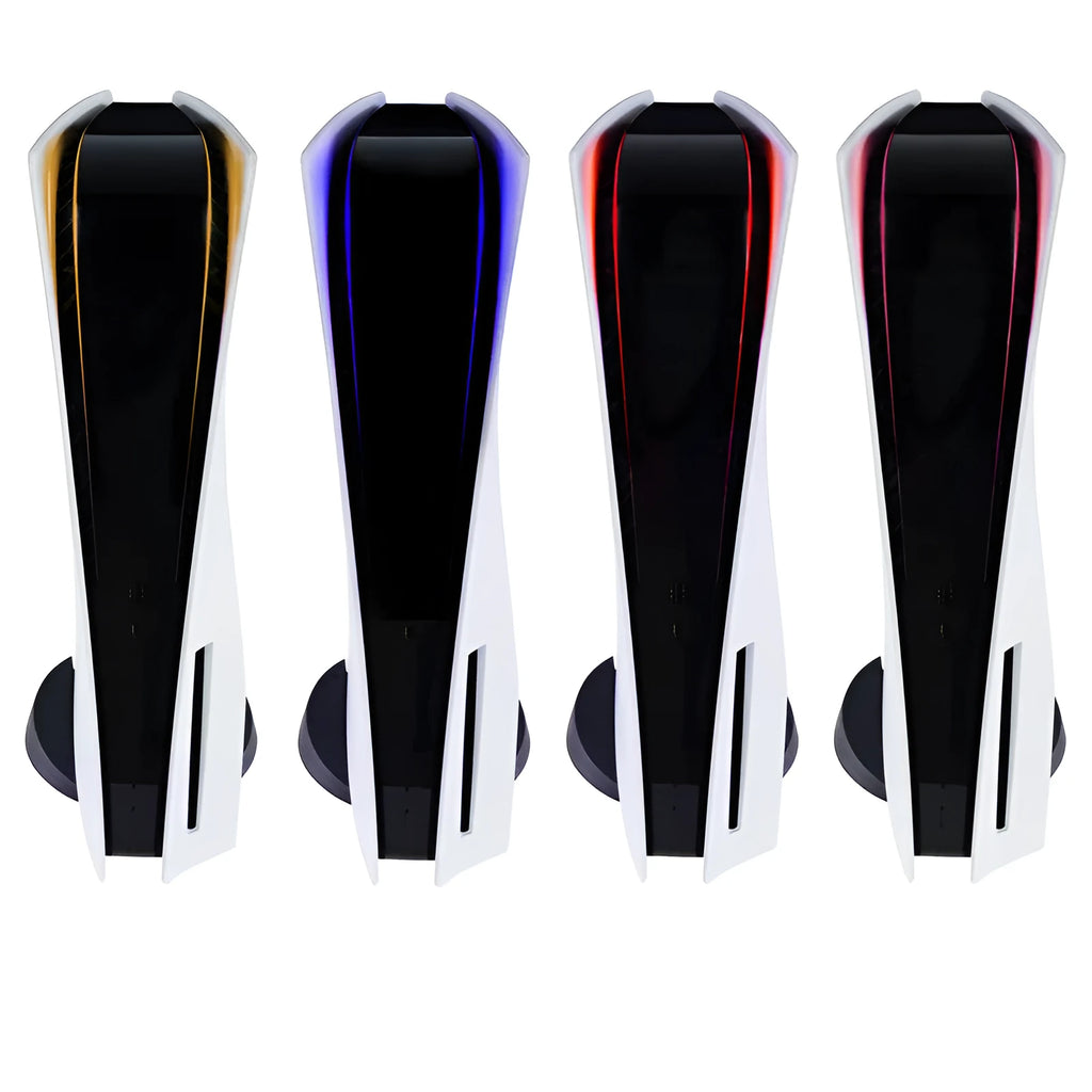 PS5 LED light bar sticker in carbon fibre design, showing pink, red, gold, and blue colour options.