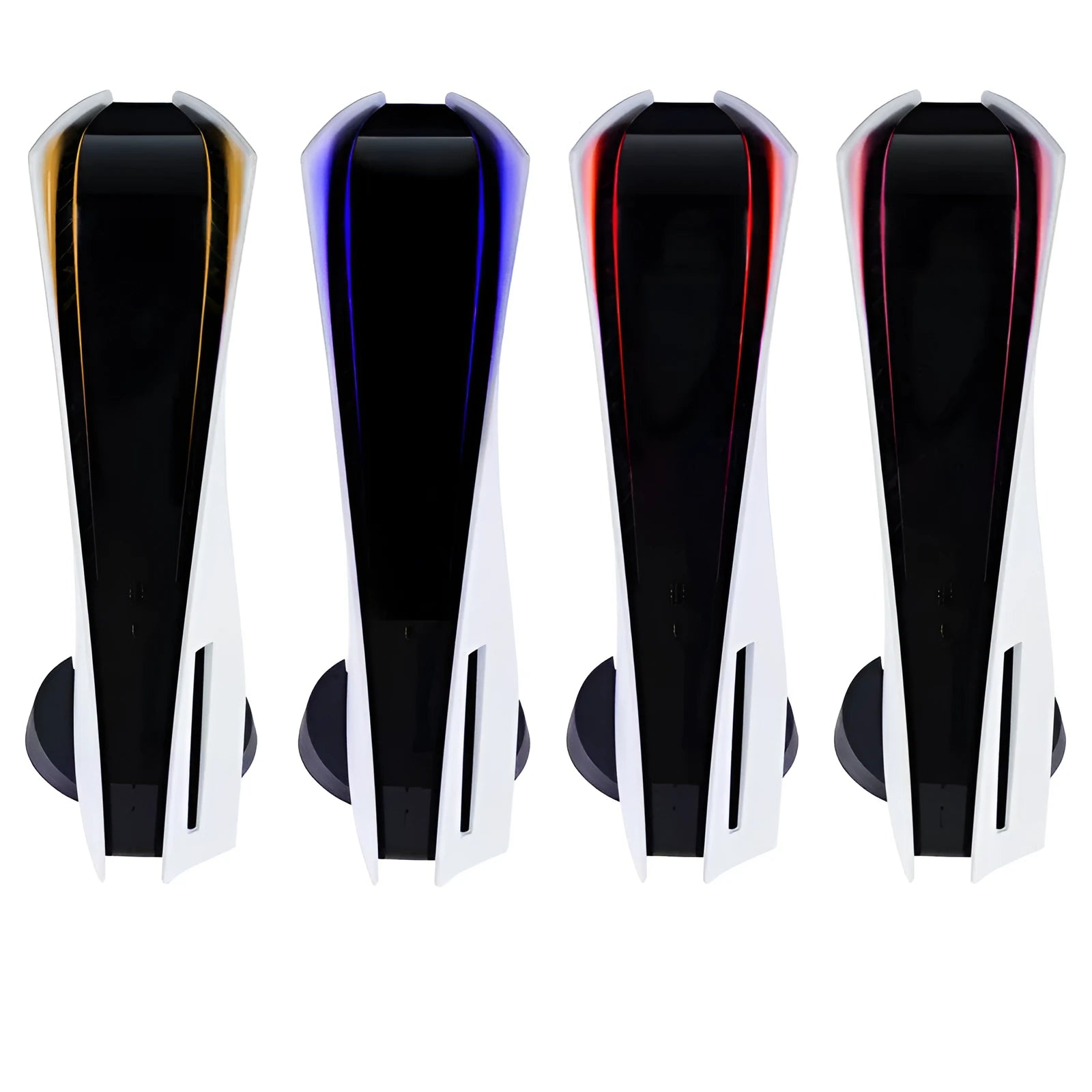 PS5 LED light bar sticker in carbon fibre design, showing pink, red, gold, and blue colour options.