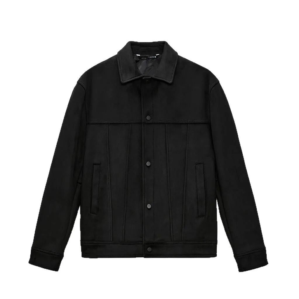 Black men's casual hooded jacket with a textured suede collar and side seam pockets.