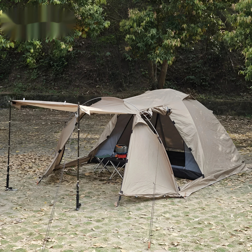 Double occupancy four-season tunnel tent with dome extension, olive green, pitched on grass with external and internal tents visible