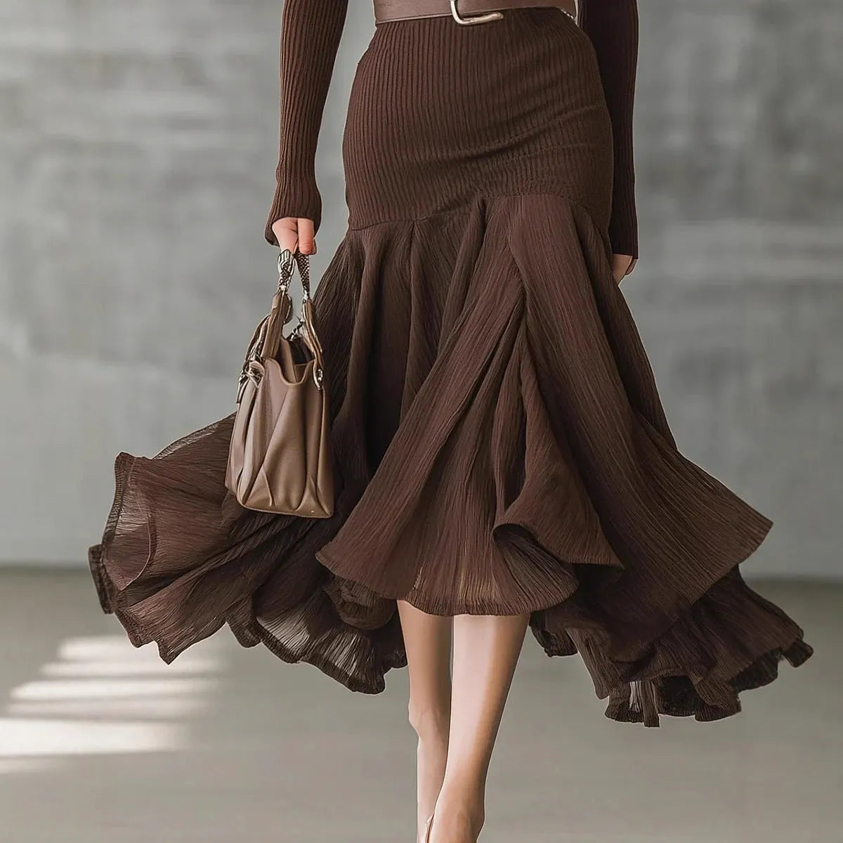 Dark brown stitching V-neck long-sleeve dress with high waist, long asymmetric skirt, and large swing shape