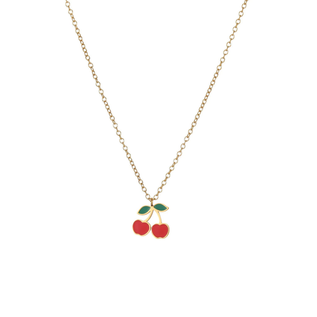 Complete cherry jewellery set showing stainless steel necklace, bracelet, earrings, and ring with 18K electroplating
