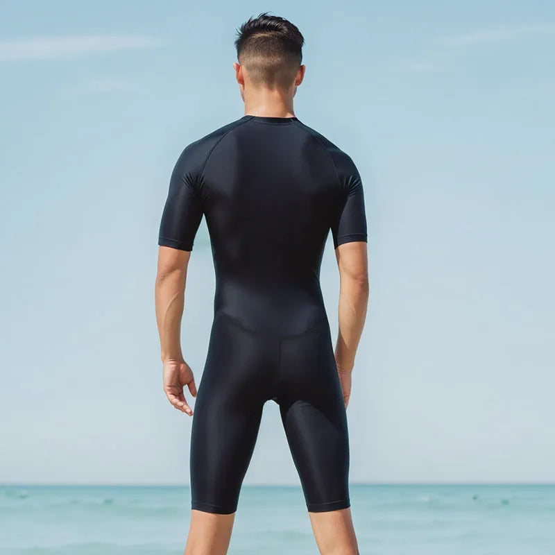 Men's quick drying short sleeved one-piece swimsuit in solid colour Sharp Kiss Black Shark FLT001