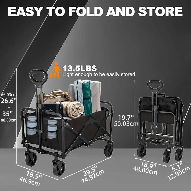 Collapsible heavy-duty metal garden wagon cart with foldable frame.