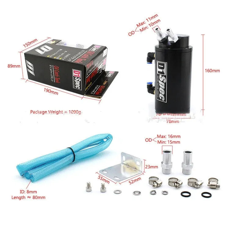 Oil catch tank for car modification shown in available colours: black, red, silver, blue, in round and square shapes.