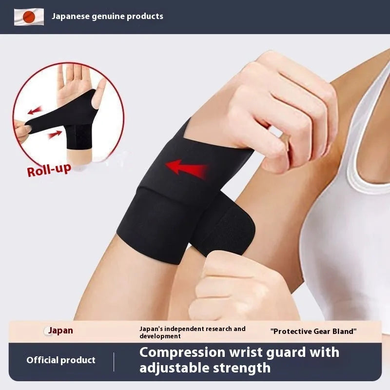 Adjustable black athletic wristguard shown on a wrist, demonstrating its thin, breathable design for sports.